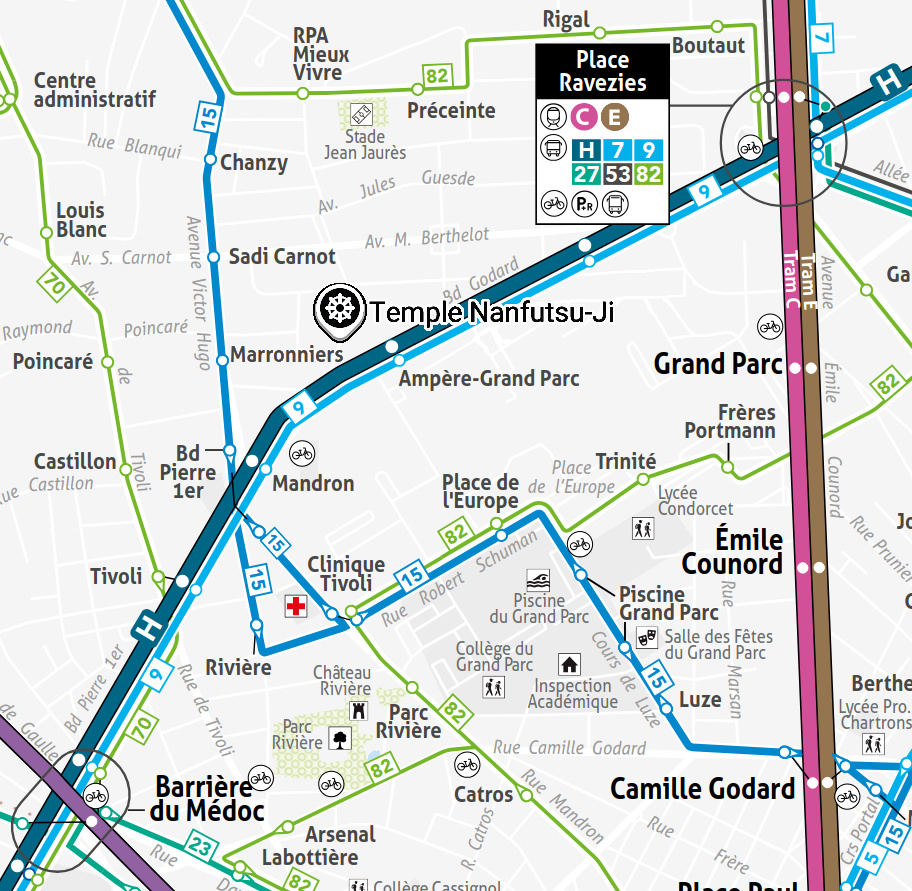 Carte des lignes de tram et de bus autour du temple Nanfutsuji au Bouscat
